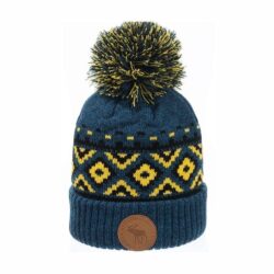 Blue and yellow winter hat moose leather stamp