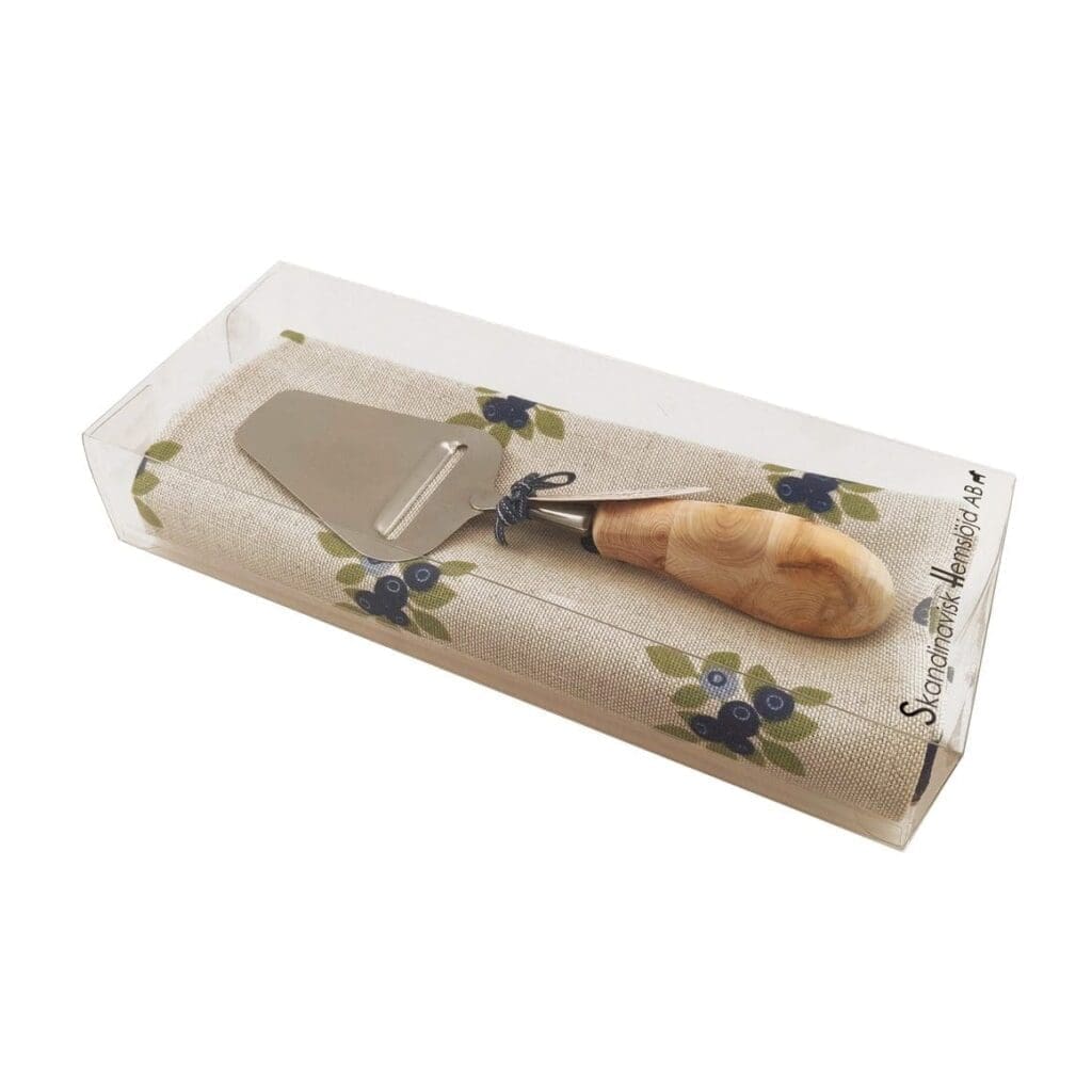 Blueberry kitchen towel with cheese slicer