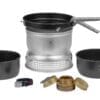 Trangia Stove 25-5 UL from Trangia. is our larger stove, perfect for 3-4 people. All our stoves in series 25 include two saucepans sized 1.75 and 1.5 liters, a frying pan, a windshield (upper and lower part), burner, handle and strap. 
