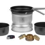 Trangia Stove 25-5 UL from Trangia. is our larger stove, perfect for 3-4 people. All our stoves in series 25 include two saucepans sized 1.75 and 1.5 liters, a frying pan, a windshield (upper and lower part), burner, handle and strap. 